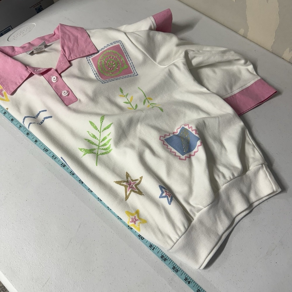 VTG 90s Beach Coastal Preppy White Pink Graff Collared Sweater Top Grandmacore - Picture 3 of 16